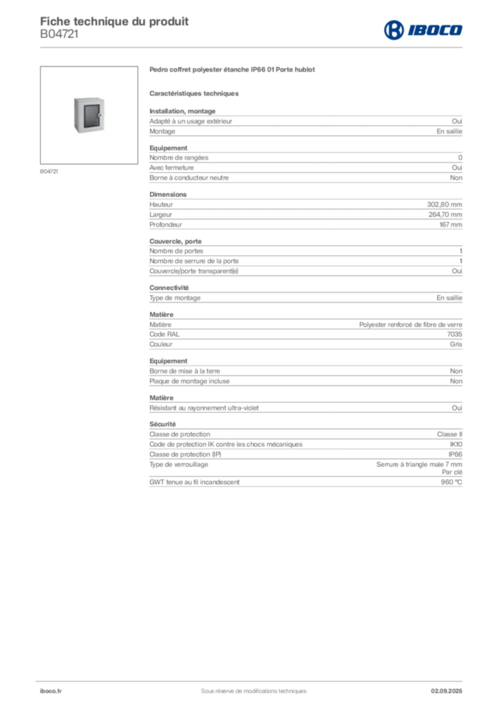 Image Iboco Fiche technique du produit B04721 | Hager France