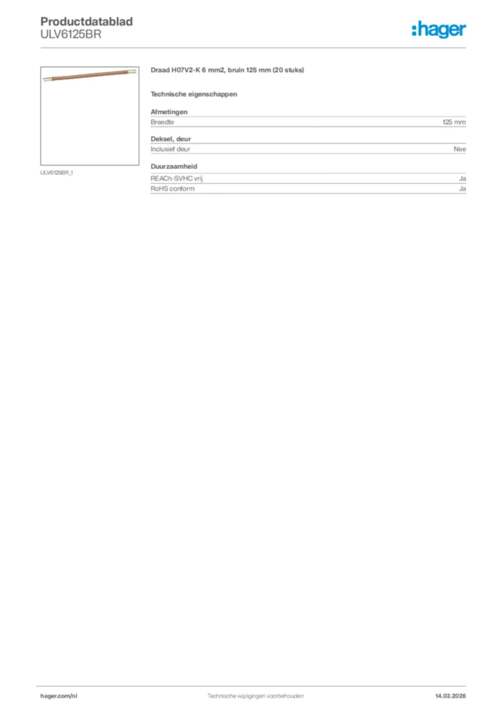 Afbeelding Hager Productdatablad ULV6125BR | Hager Nederland