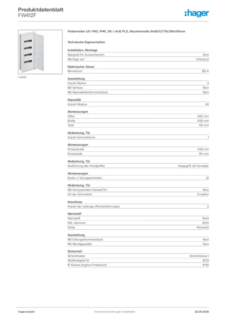 Bild Hager Produktdatenblatt FW412F | Hager Deutschland