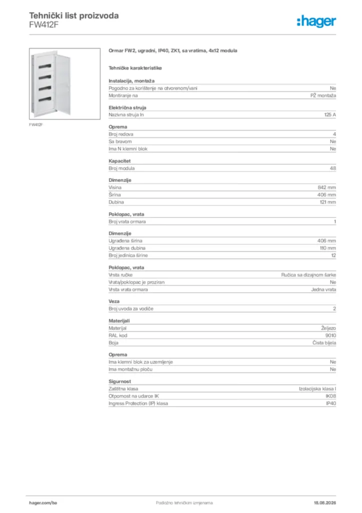 Slika Hager Tehnički list proizvoda FW412F  | Hager