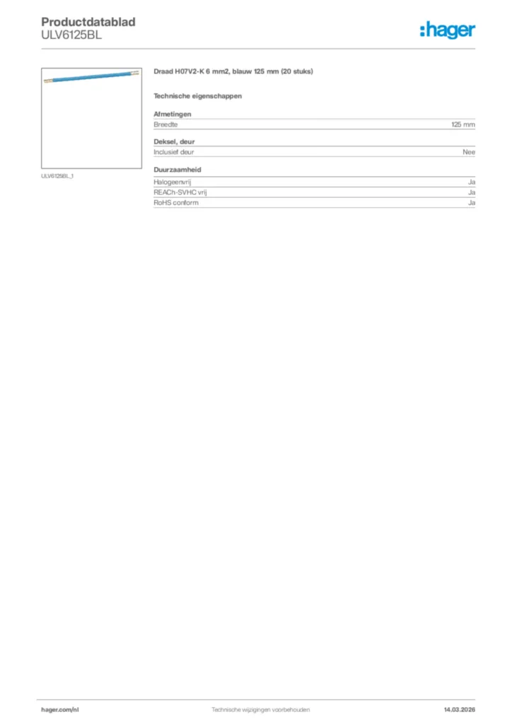 Afbeelding Hager Productdatablad ULV6125BL | Hager Nederland