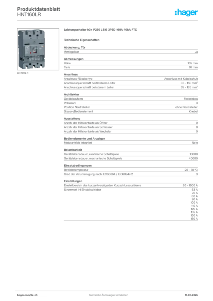 Bild Hager Produktdatenblatt HNT160LR | Hager Schweiz