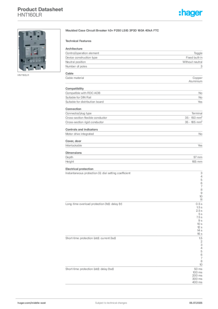 Image Hager Product data sheet HNT160LR  | Hager
