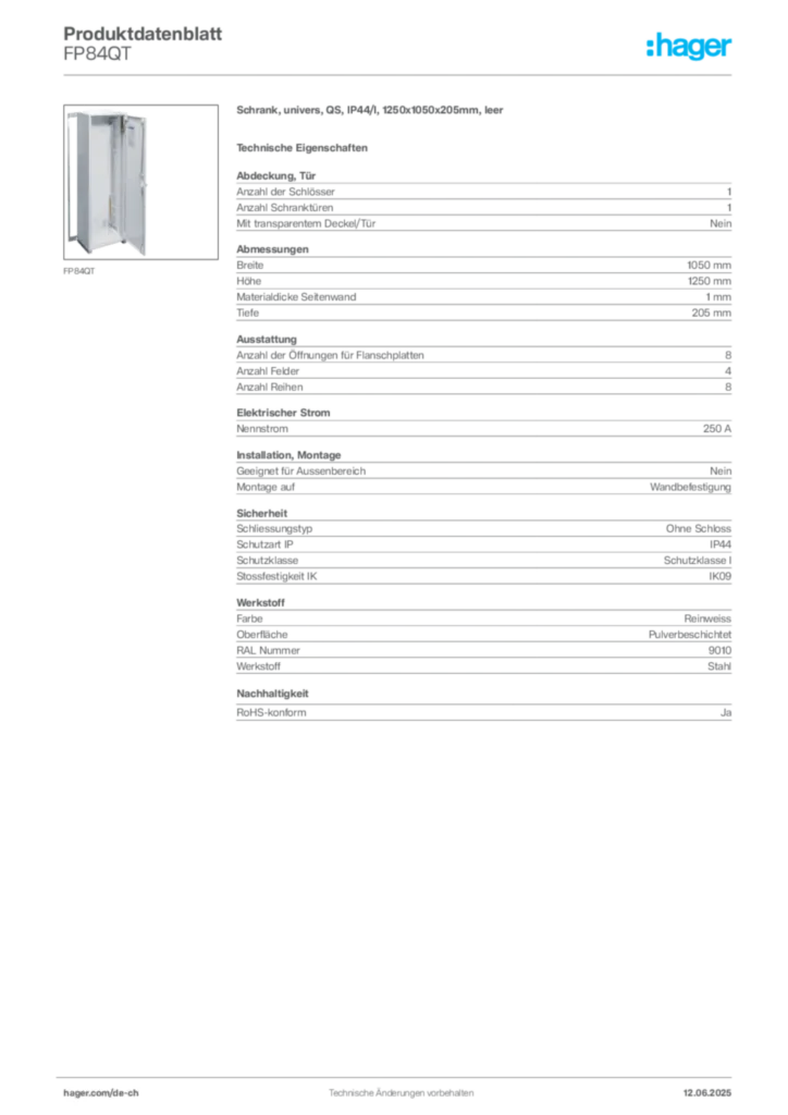 Bild Hager Produktdatenblatt FP84QT | Hager Schweiz