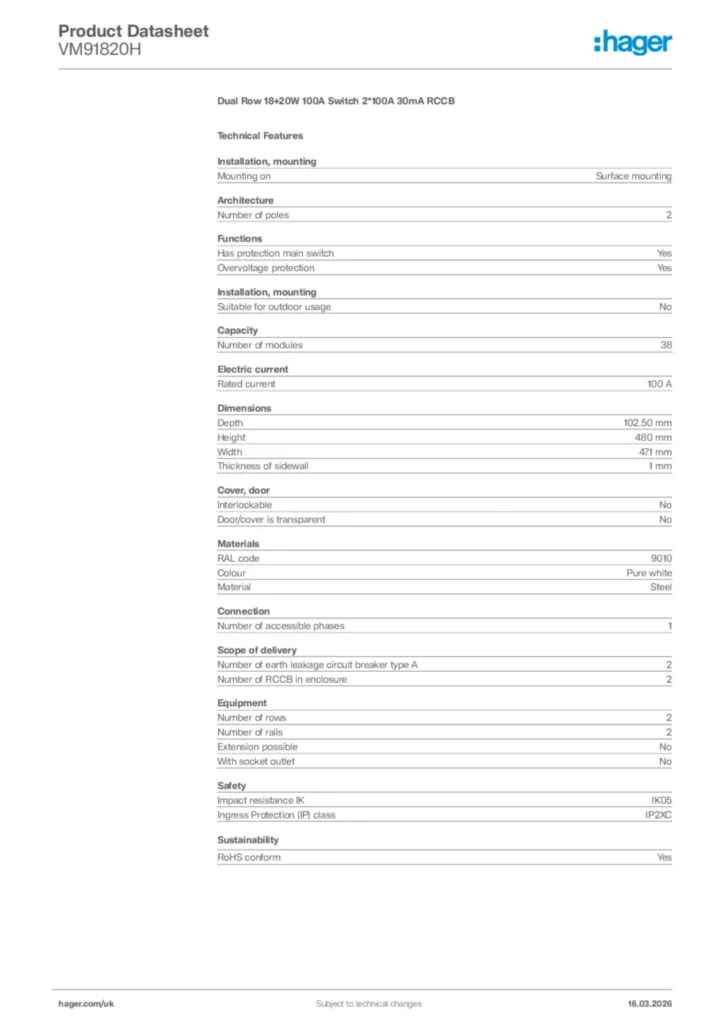 Image Hager Product data sheet VM91820H  | Hager