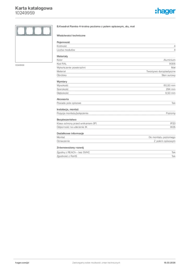Zdjęcie Hager Karta katalogowa 10249959 | Hager Polska