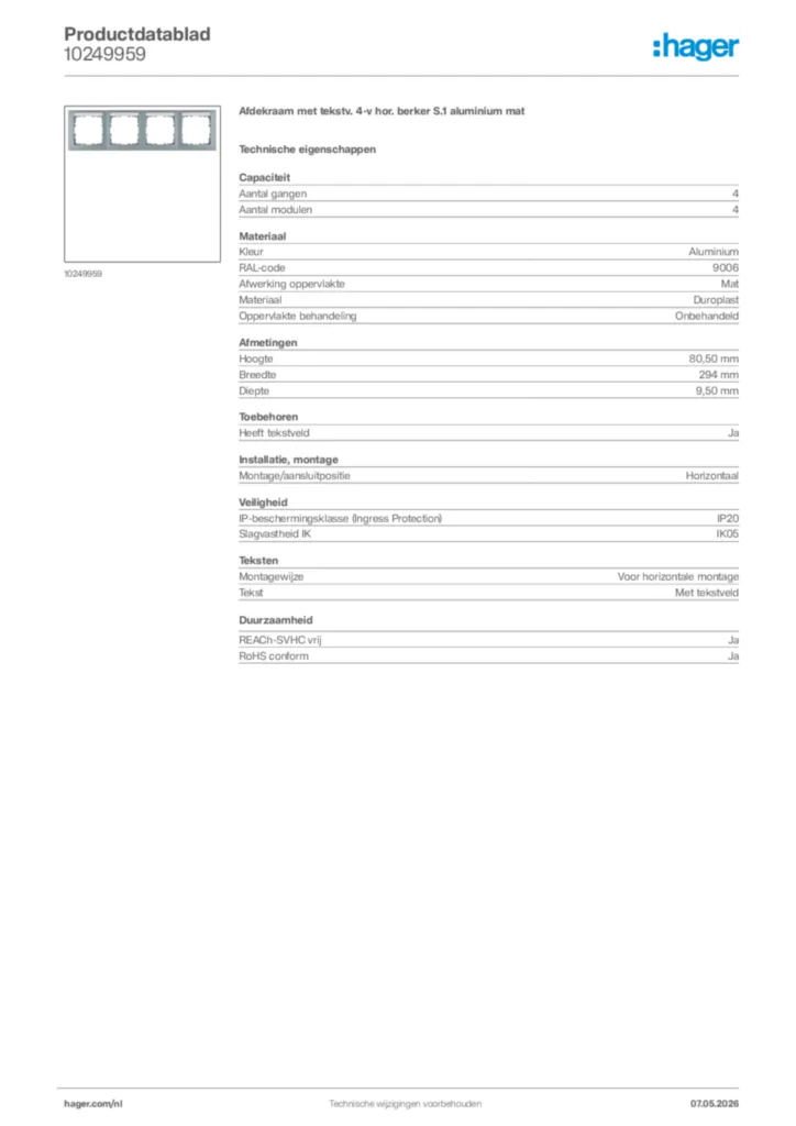 Afbeelding Hager Productdatablad 10249959 | Hager Nederland