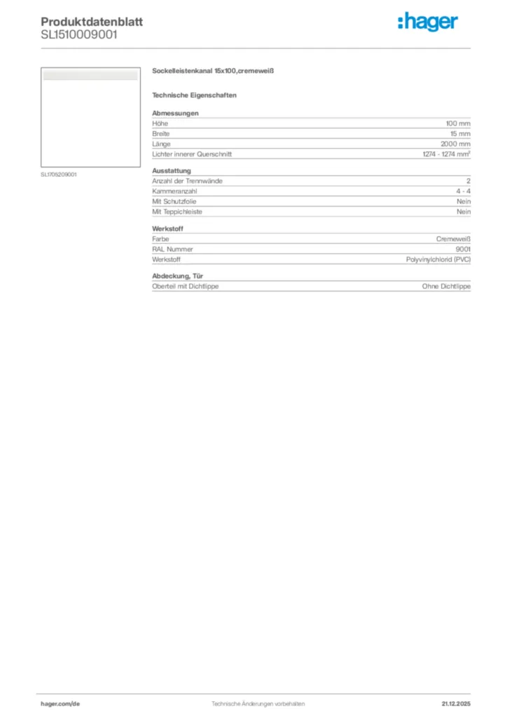 Bild Hager Produktdatenblatt SL1510009001 | Hager Deutschland