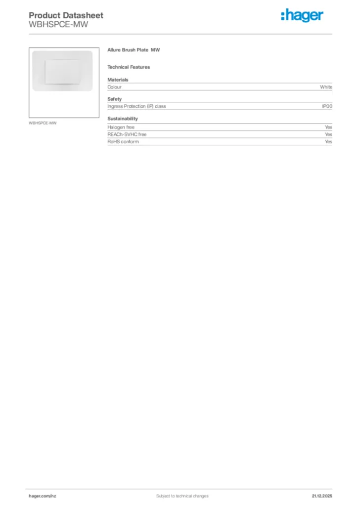 Image Hager Product data sheet WBHSPCE-MW  | Hager New Zealand