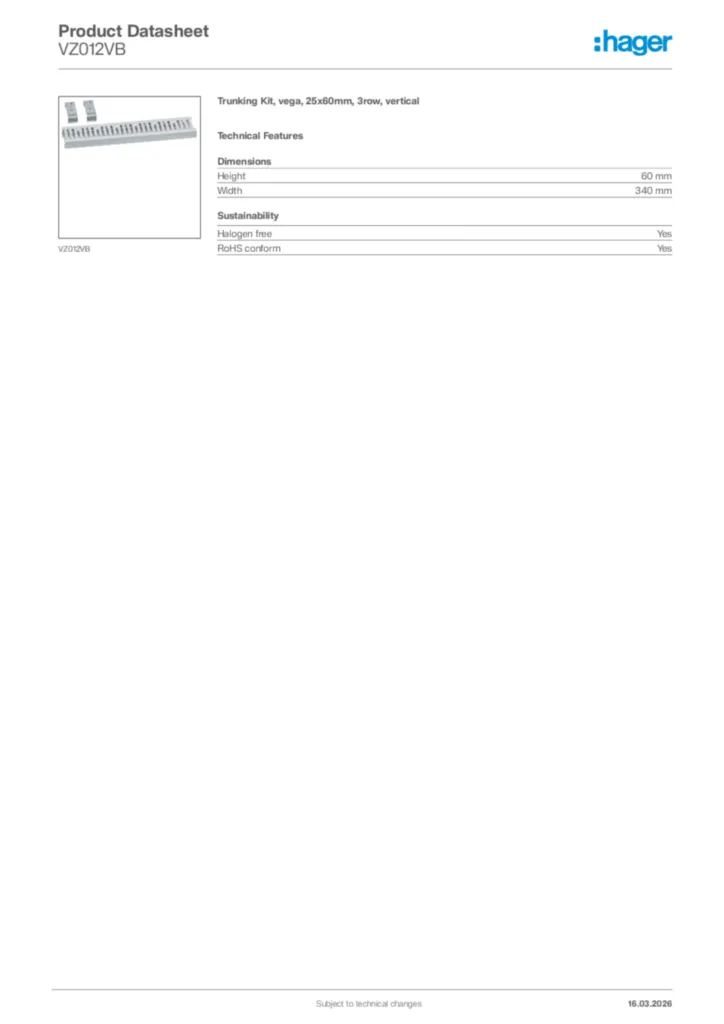 Image Hager Product data sheet VZ012VB  | Hager Africa