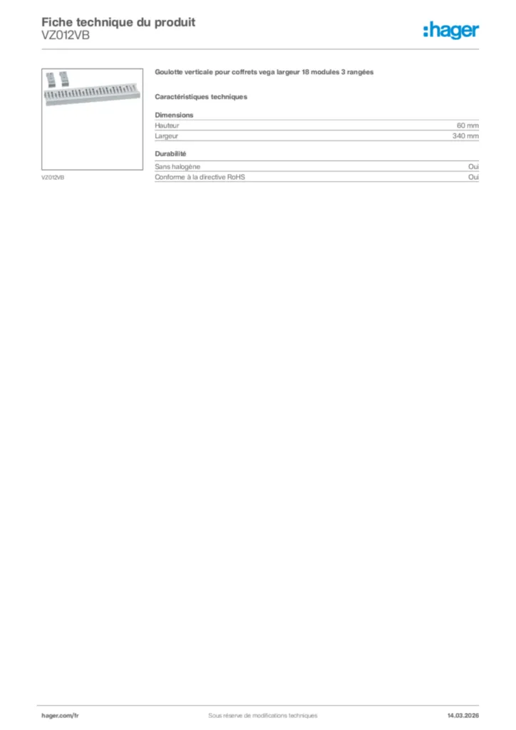 Image Hager Fiche technique du produit VZ012VB | Hager France