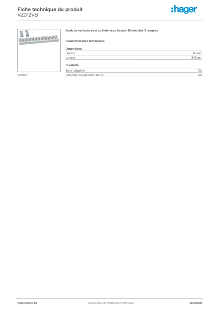 Image Hager Fiche technique du produit VZ012VB | Hager Belgique