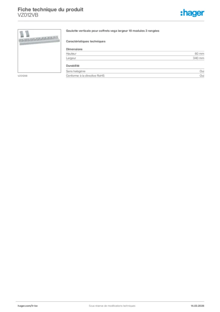 Image Hager Fiche technique du produit VZ012VB | Hager Belgique
