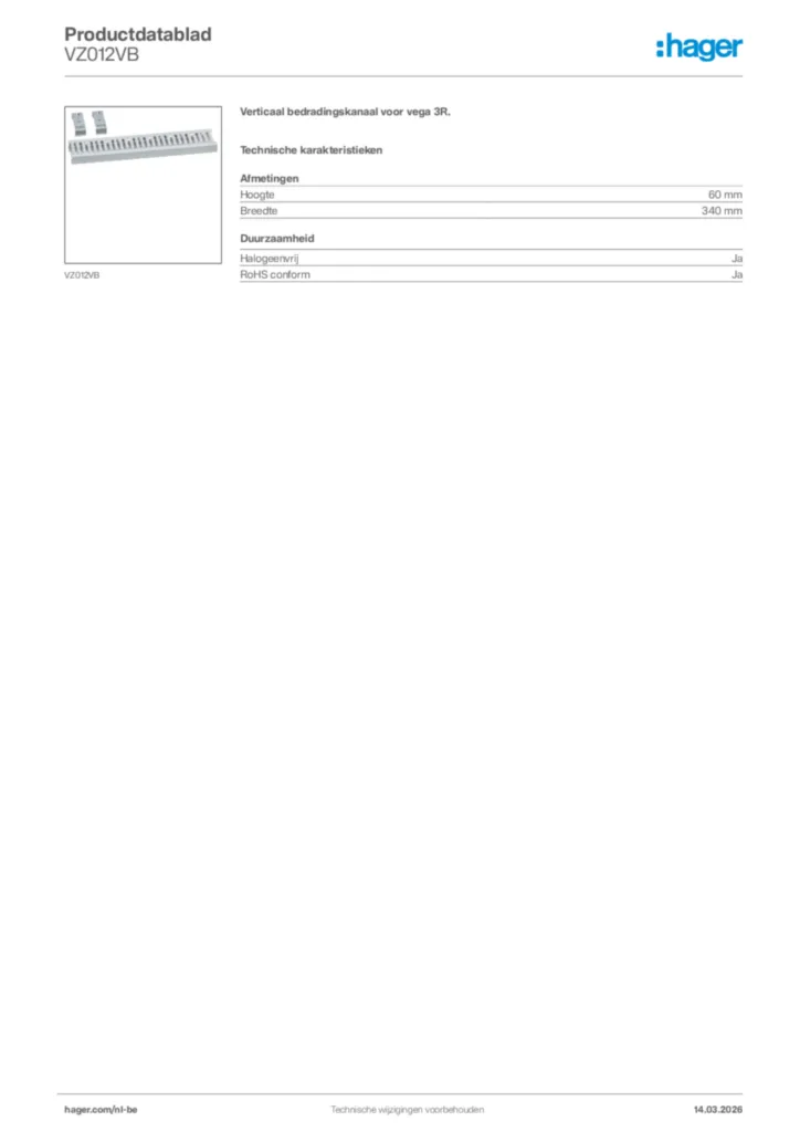 Afbeelding Hager Productdatablad VZ012VB | Hager Belgium