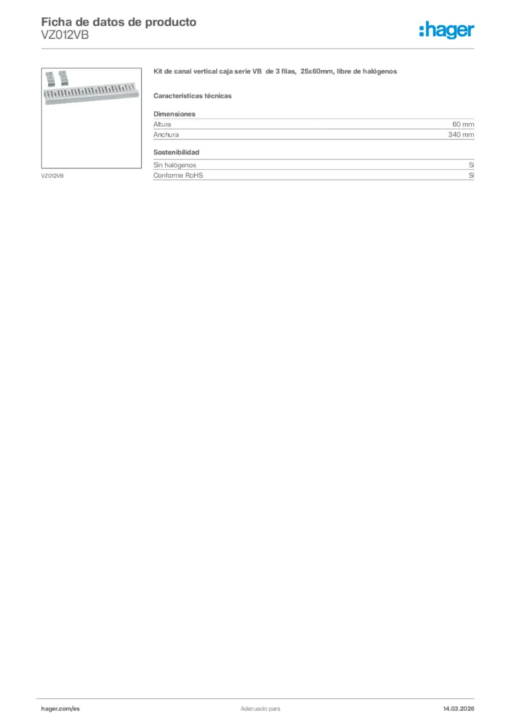 Imagen Hager Ficha de datos de producto VZ012VB | Hager España