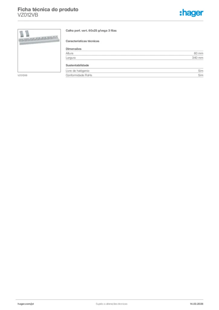 Imagem Hager Ficha técnica do produto VZ012VB | Hager Portugal