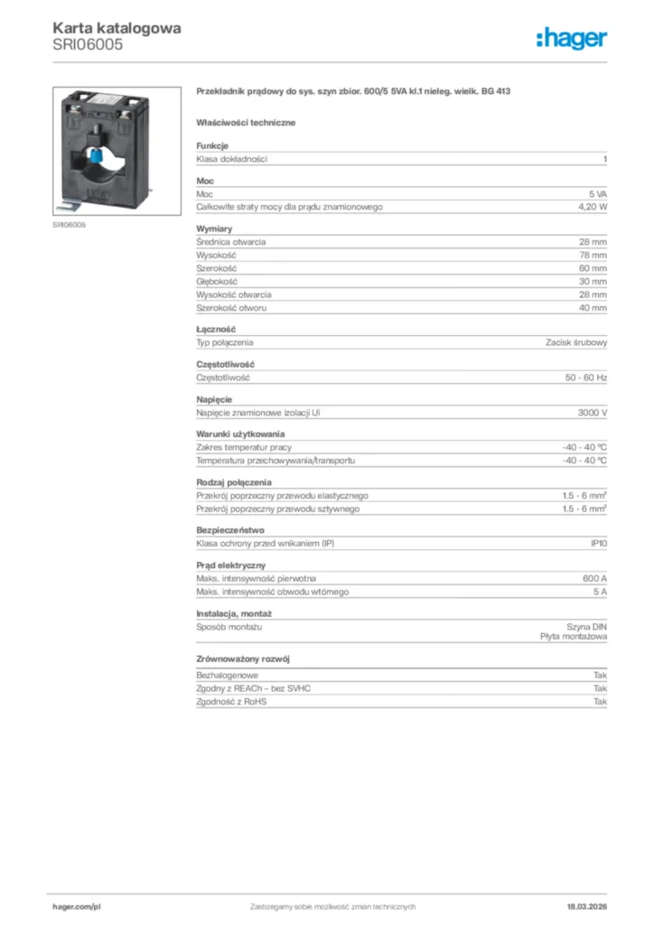Zdjęcie Hager Karta katalogowa SRI06005 | Hager Polska