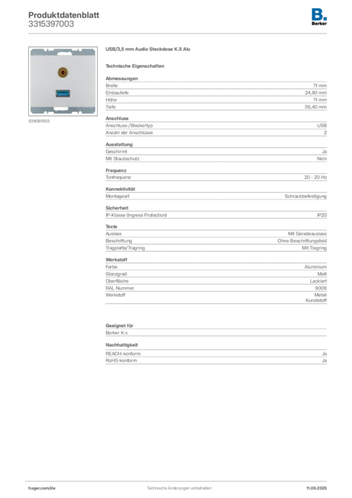 Berker Produktdatenblatt 3315397003