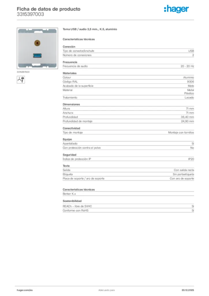 Imagen Hager Ficha de datos de producto 3315397003 | Hager España