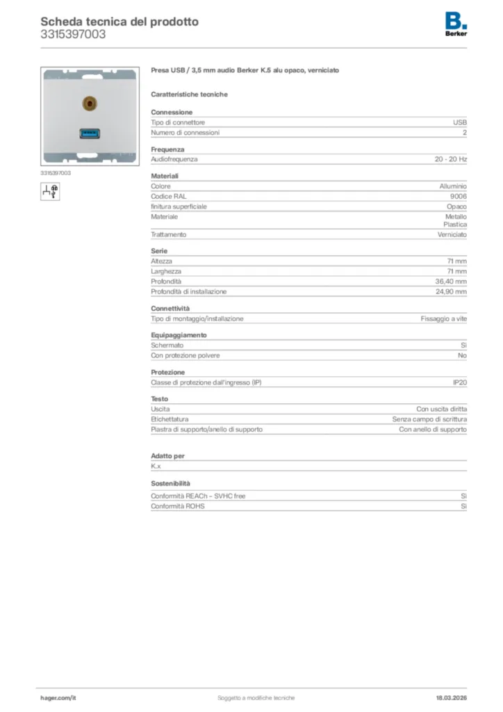 Immagine Berker Scheda tecnica del prodotto 3315397003 | Hager Italia