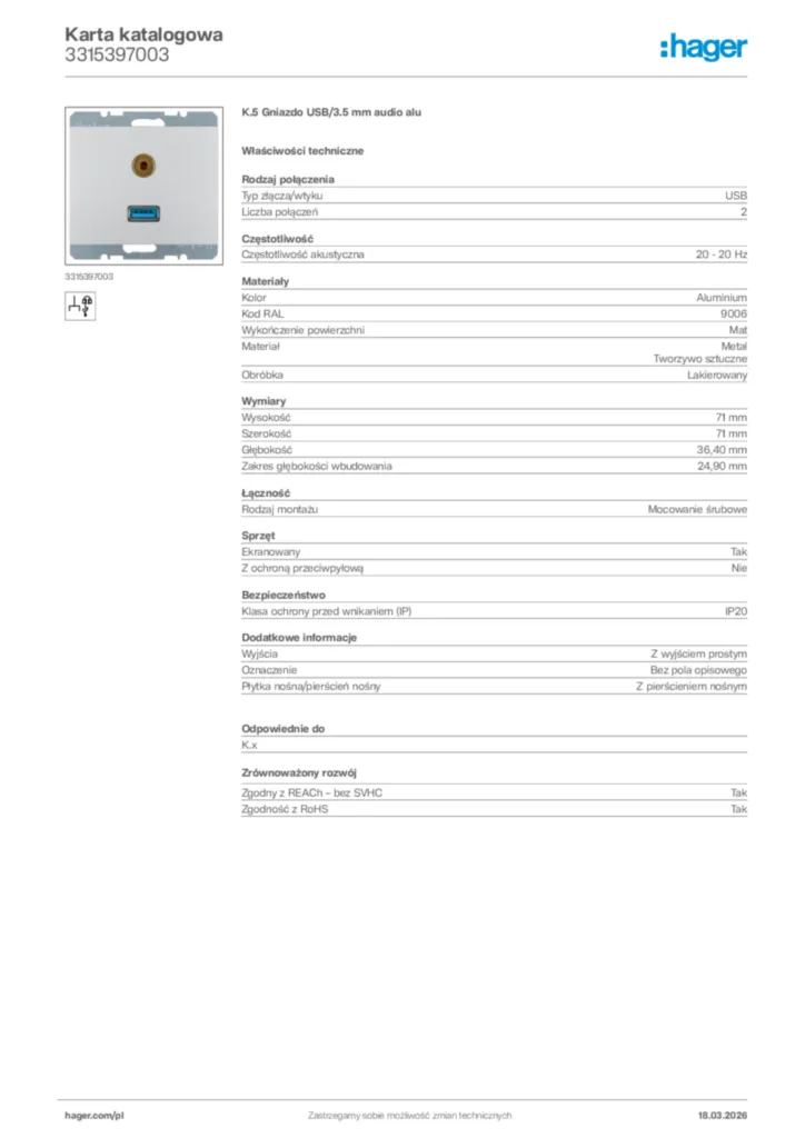 Zdjęcie Hager Karta katalogowa 3315397003 | Hager Polska