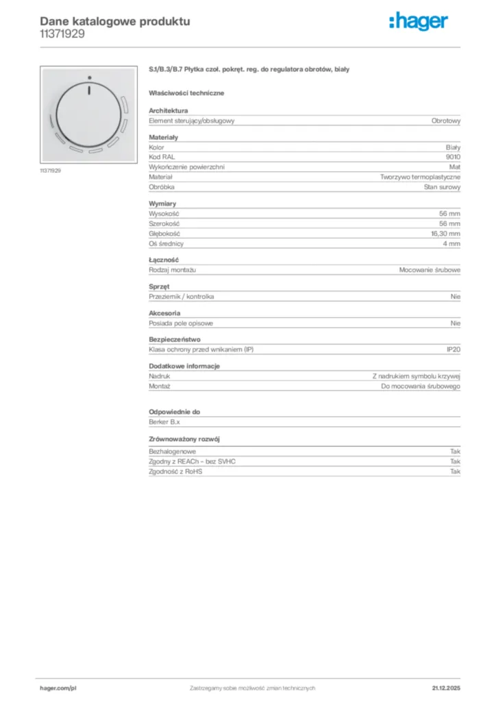 Zdjęcie Hager Dane katalogowe produktu 11371929 | Hager Polska