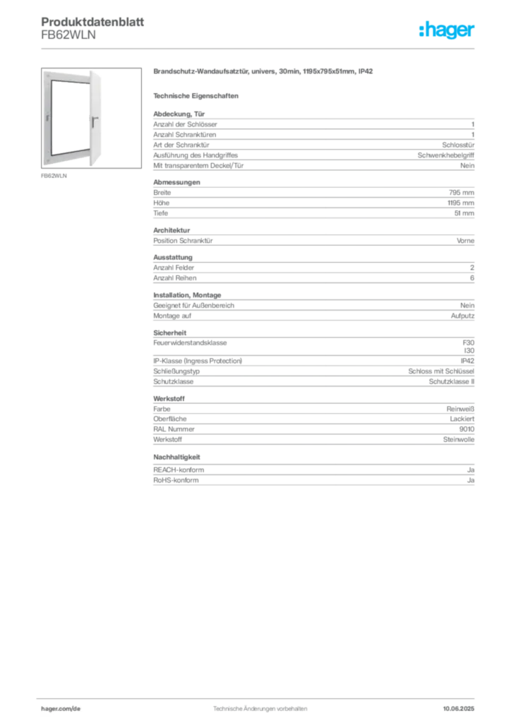 Hager Produktdatenblatt FB62WLN