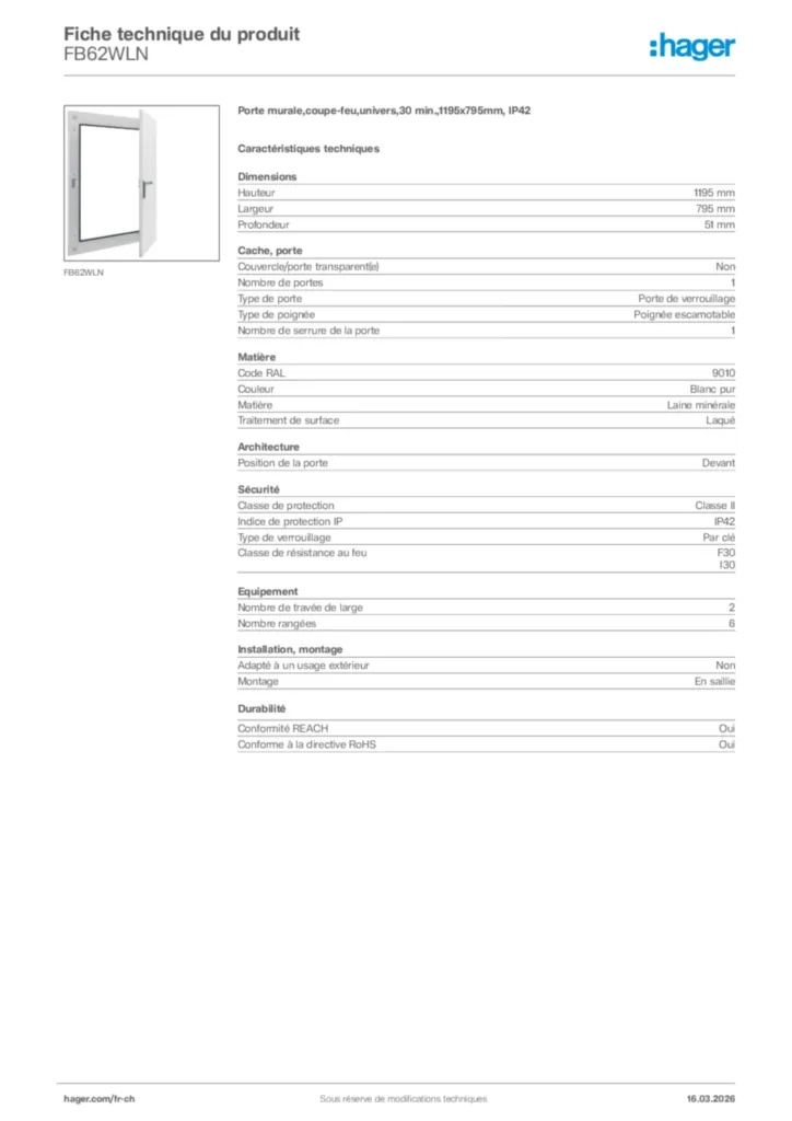 Image Hager Fiche technique du produit FB62WLN | Hager Suisse