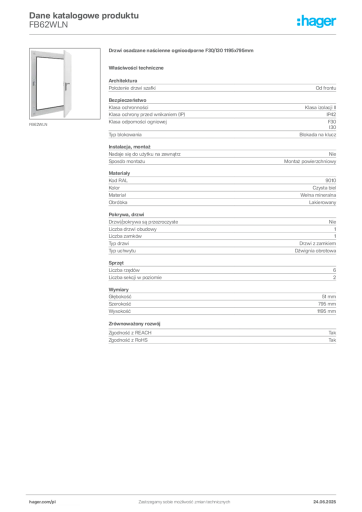 Zdjęcie Hager Dane katalogowe produktu FB62WLN | Hager Polska