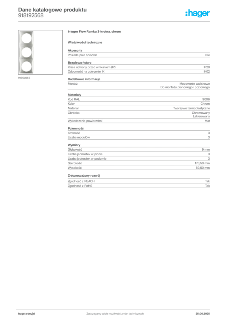 Zdjęcie Hager Dane katalogowe produktu 918192568 | Hager Polska