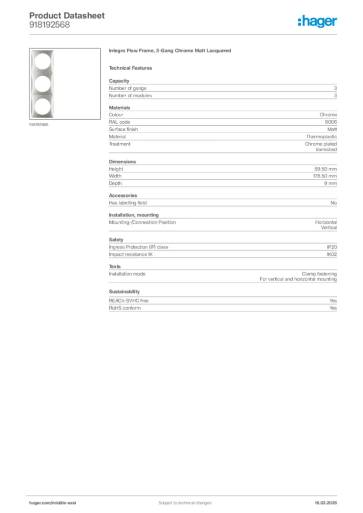 Image Hager Product data sheet 918192568  | Hager