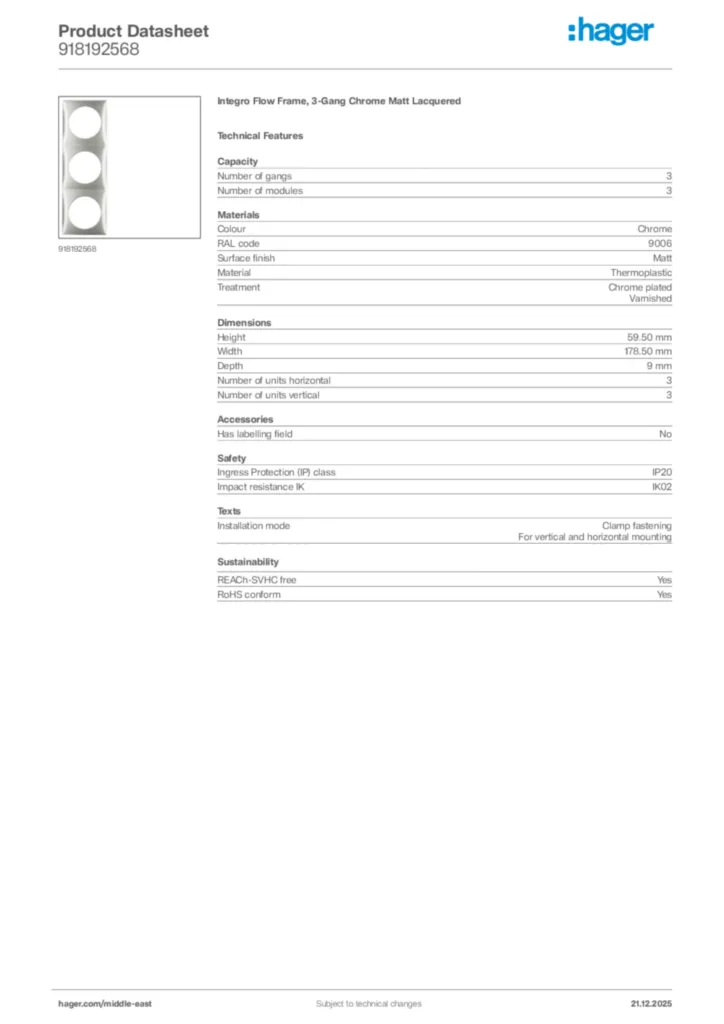 Image Hager Product data sheet 918192568  | Hager