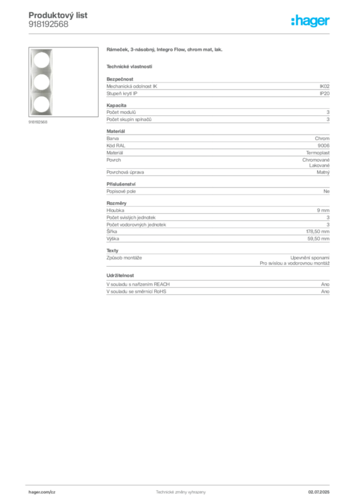 Obrázek Hager Produktový list 918192568 | Hager