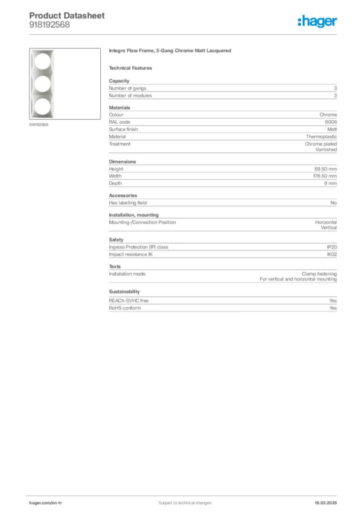Image Hager Product data sheet 918192568  | Hager