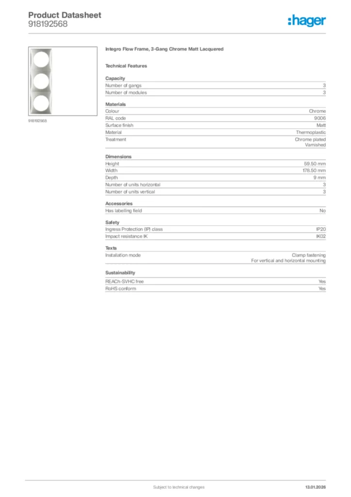 Image Hager Product data sheet 918192568  | Hager