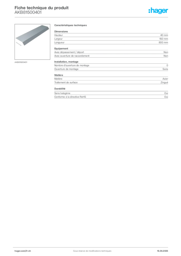 Image Hager Fiche technique du produit AKB81500401 | Hager Suisse