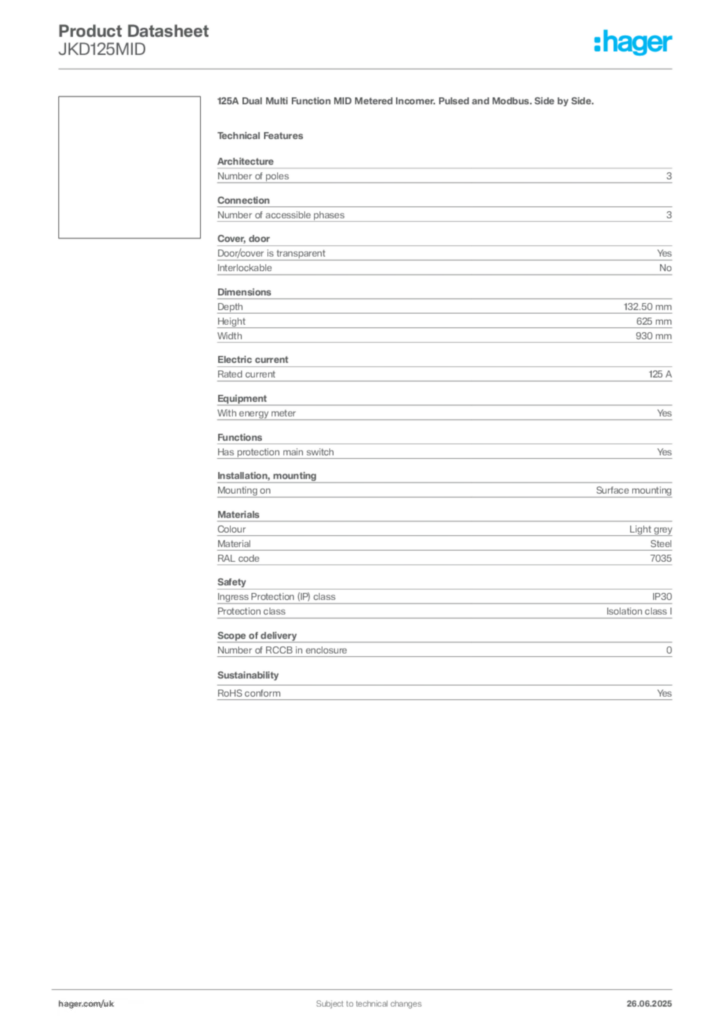 Image Hager Product data sheet JKD125MID  | Hager