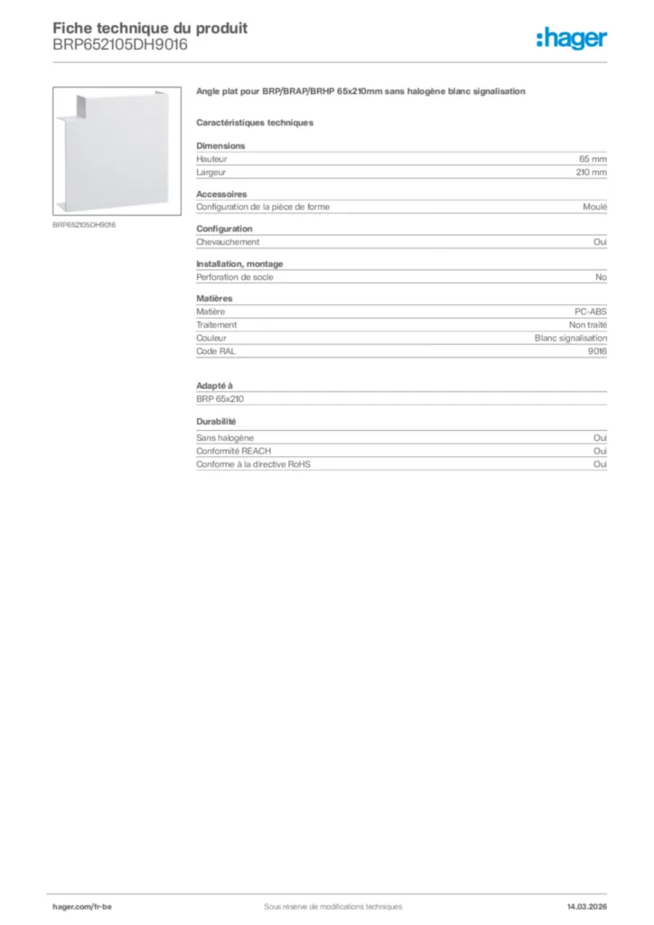 Image Hager Fiche technique du produit BRP652105DH9016 | Hager Belgique