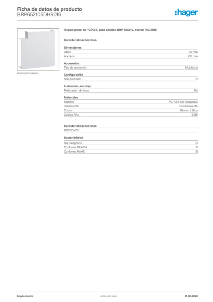 Imagen Hager Ficha de datos de producto BRP652105DH9016 | Hager España