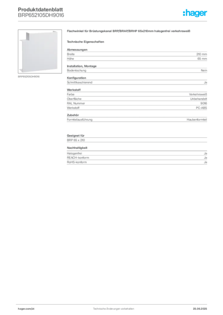 Bild Hager Produktdatenblatt BRP652105DH9016 | Hager Deutschland