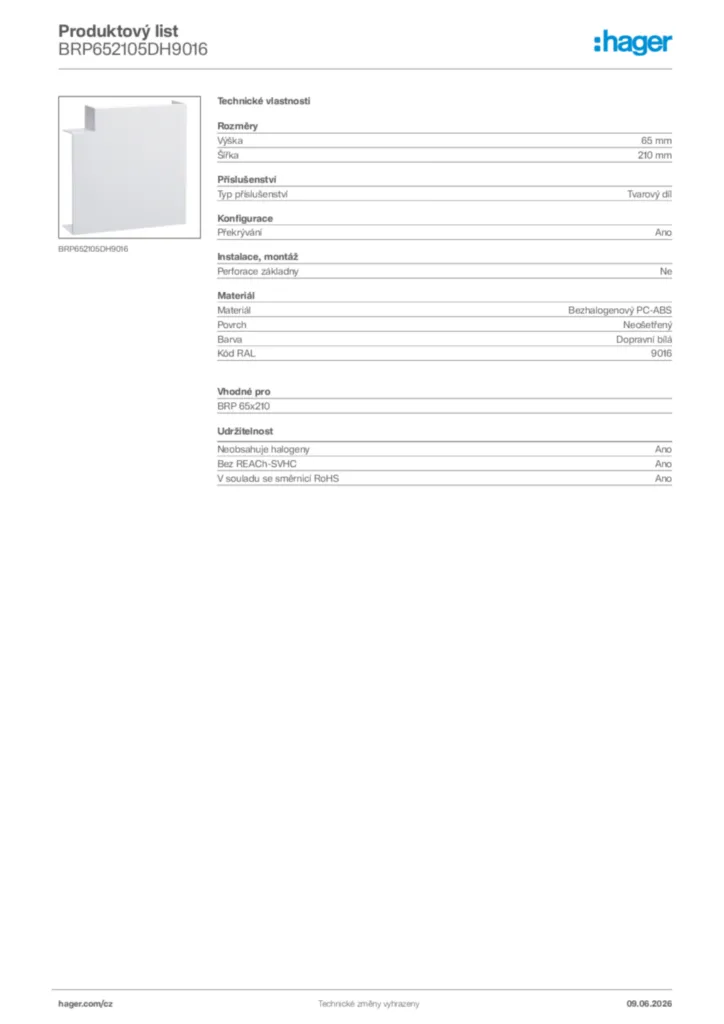Obrázek Hager Generováno - Datový list produktu BRP652105DH9016 | Hager