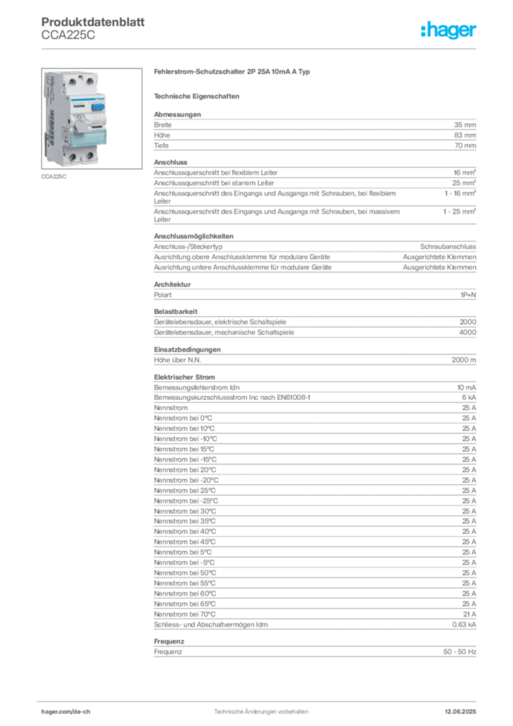Bild Hager Produktdatenblatt CCA225C | Hager Schweiz