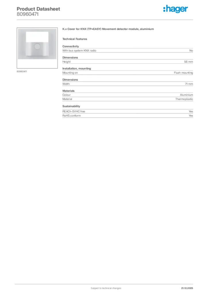 Image Hager Product data sheet 80960471  | Hager Africa