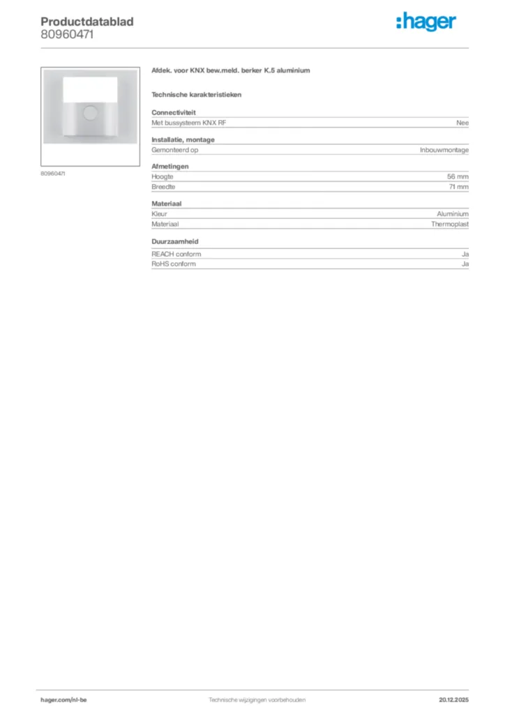 Afbeelding Hager Productdatablad 80960471 | Hager Belgium