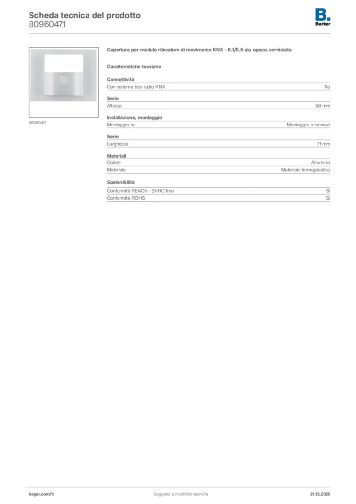 Immagine Berker Scheda tecnica del prodotto 80960471 | Hager Italia