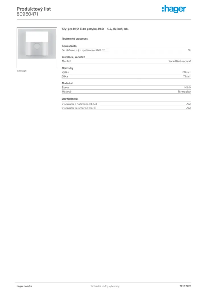 Obrázek Hager Produktový list 80960471 | Hager