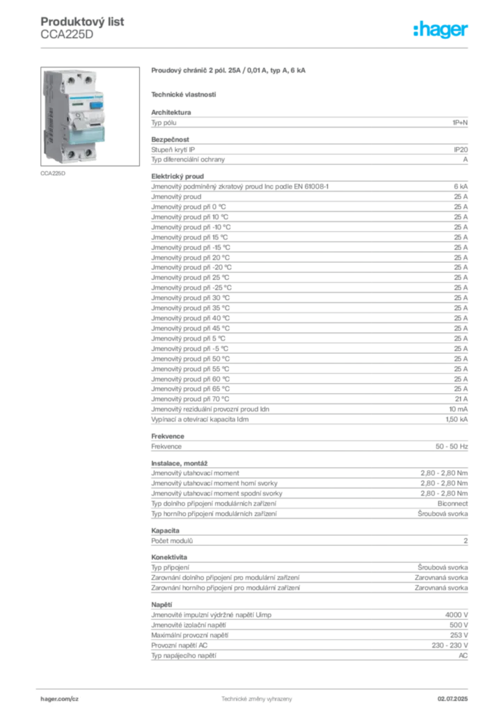 Obrázek Hager Produktový list CCA225D | Hager