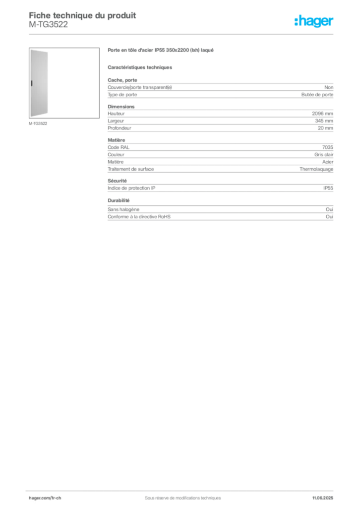 Image Hager Fiche technique du produit M-TG3522 | Hager Suisse