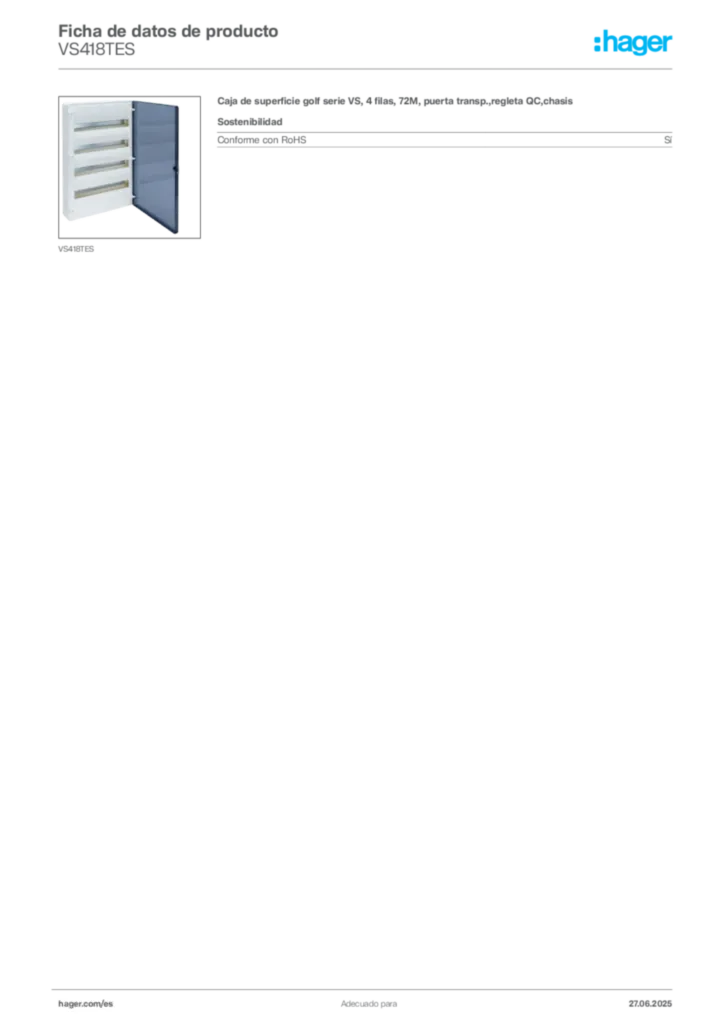 Imagen Hager Ficha de datos de producto VS418TES | Hager España