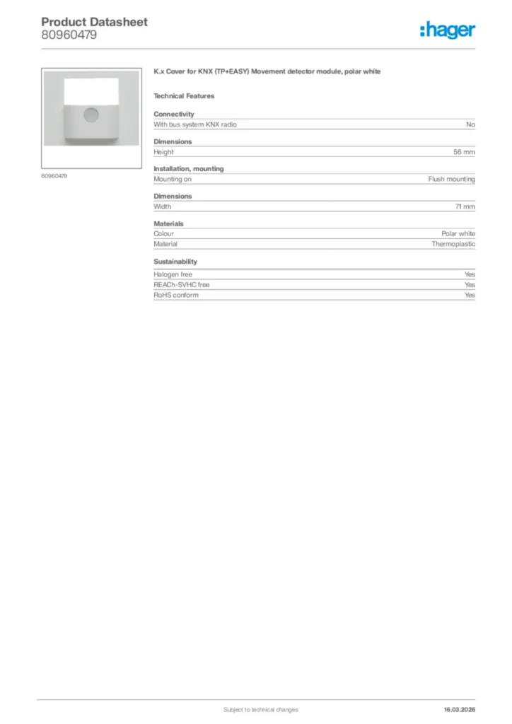 Image Hager Product data sheet 80960479  | Hager Africa
